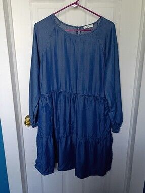 beachlunchlounge Blue Tiered Long-Sleeve Faux Denim Dress